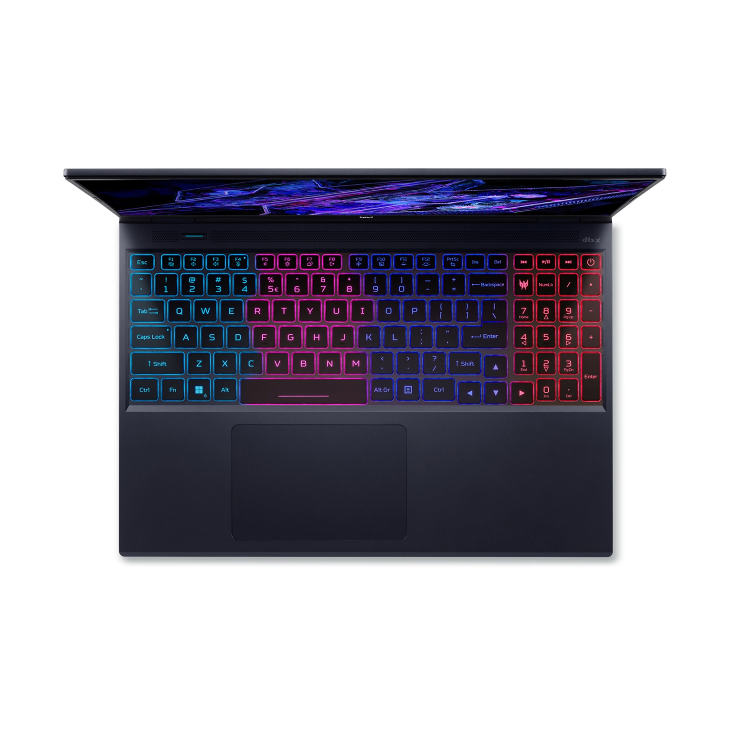 Un laptop nero aperto con tastiera illuminata in blu, rosa e rosso.