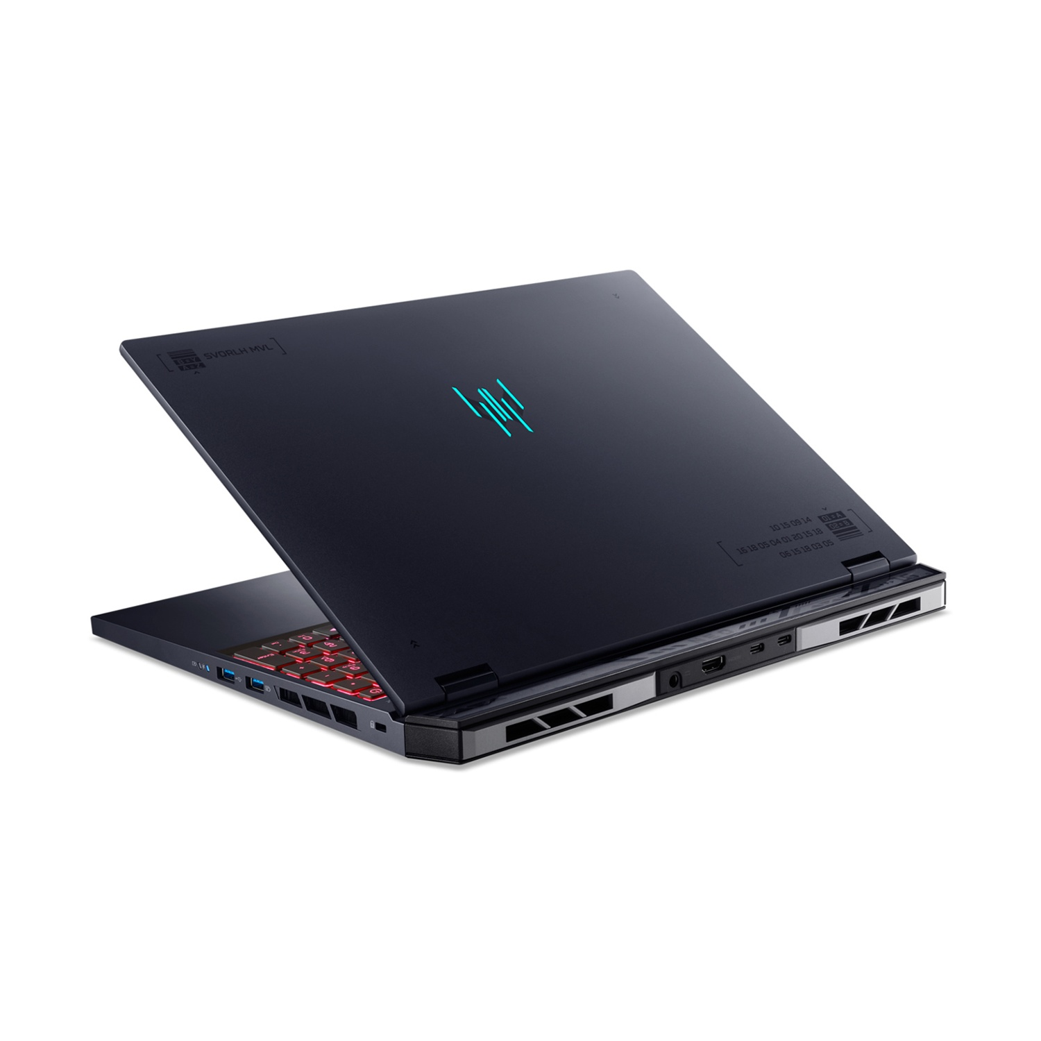 Laptop blu scuro con tastiera illuminata, visto da dietro.