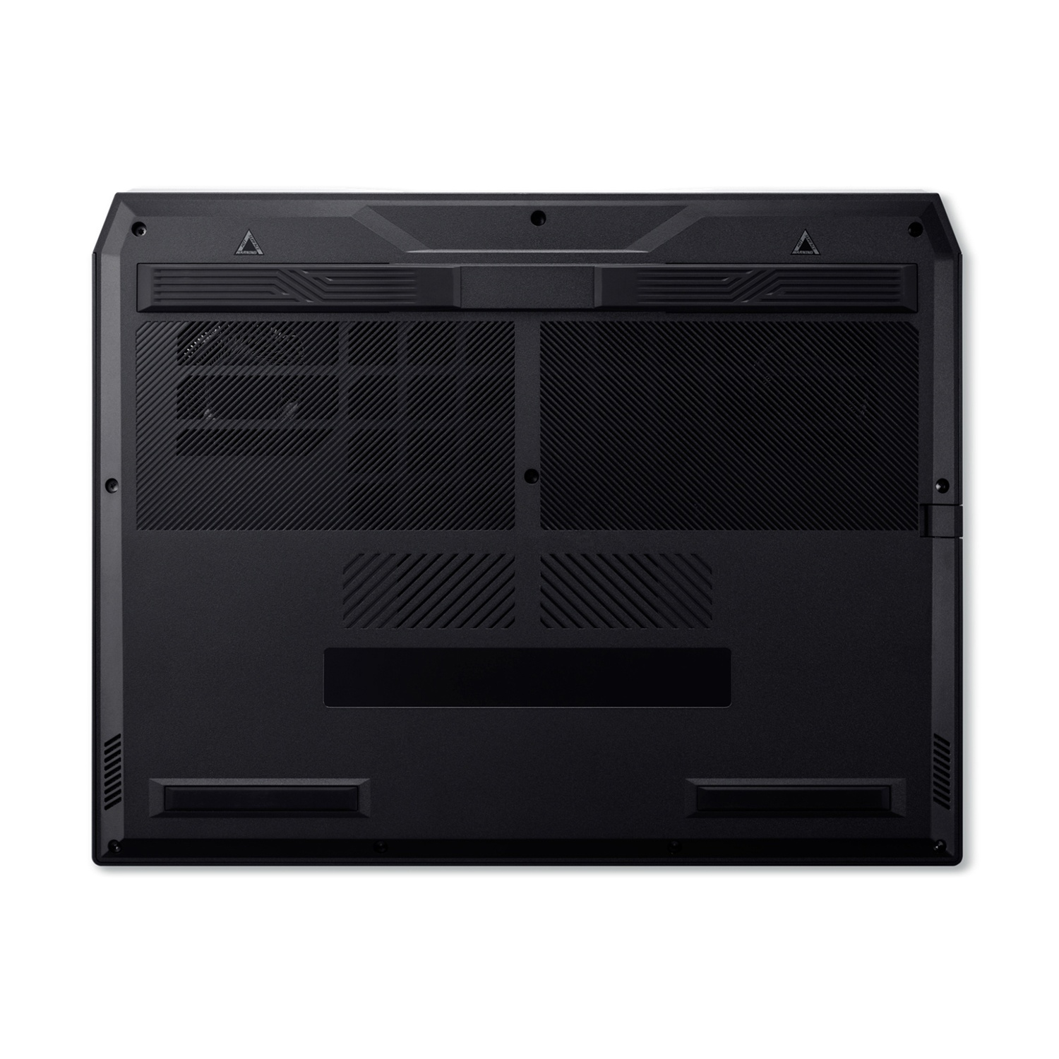 Il lato inferiore di un laptop nero con fessure di ventilazione e simbolo di avvertenza.
