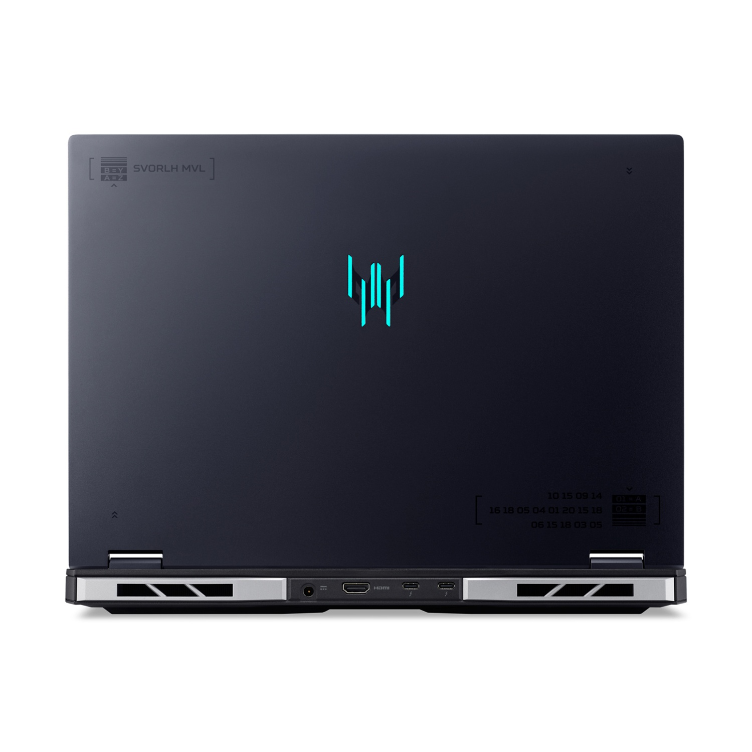 Un laptop scuro con logo blu luminoso e porte sul fondo.