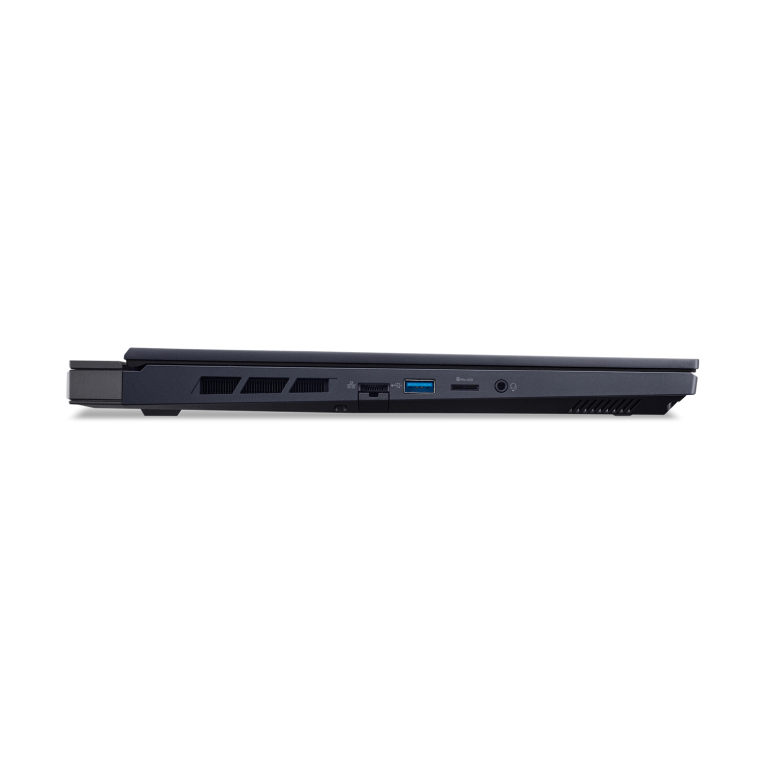 Lato di un laptop nero con porte USB, lettore di schede SD e jack audio.