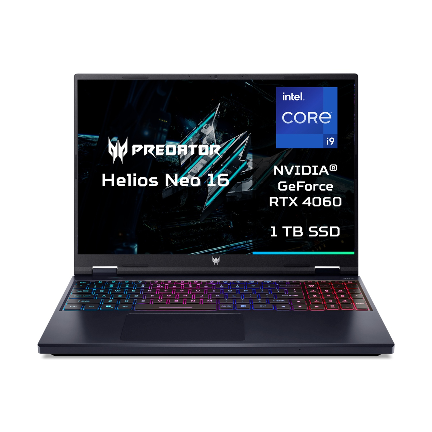 Laptop nero con tastiera retroilluminata, Intel Core i9, RTX 4060, SSD da 1 TB.