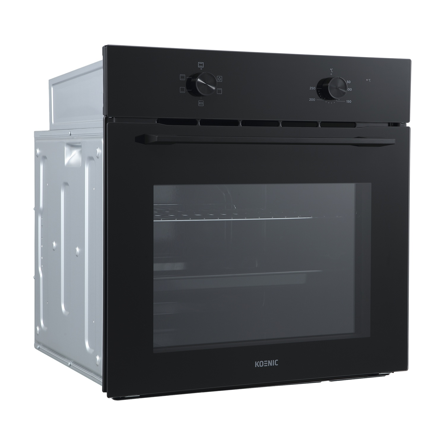 Un forno da incasso nero con porta in vetro e lati argentati.