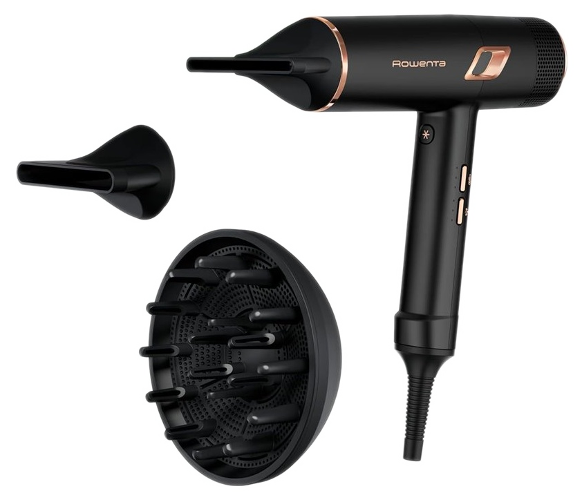 Czarna suszarka do włosów z akcesoriami: dyfuzor i dwie dysze.