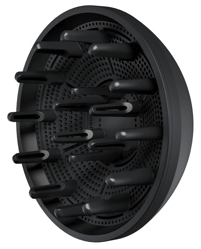 Czarny dyfuzor do suszarki do włosów z wieloma bolcami.