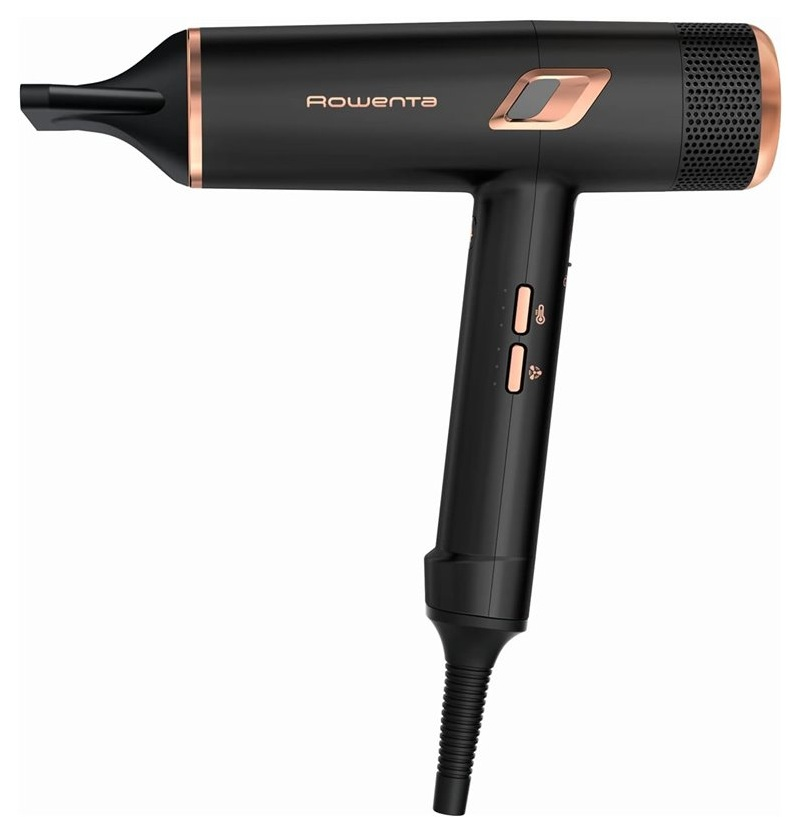 Czarna suszarka do włosów z różowo-złotymi akcentami i logo Rowenta.