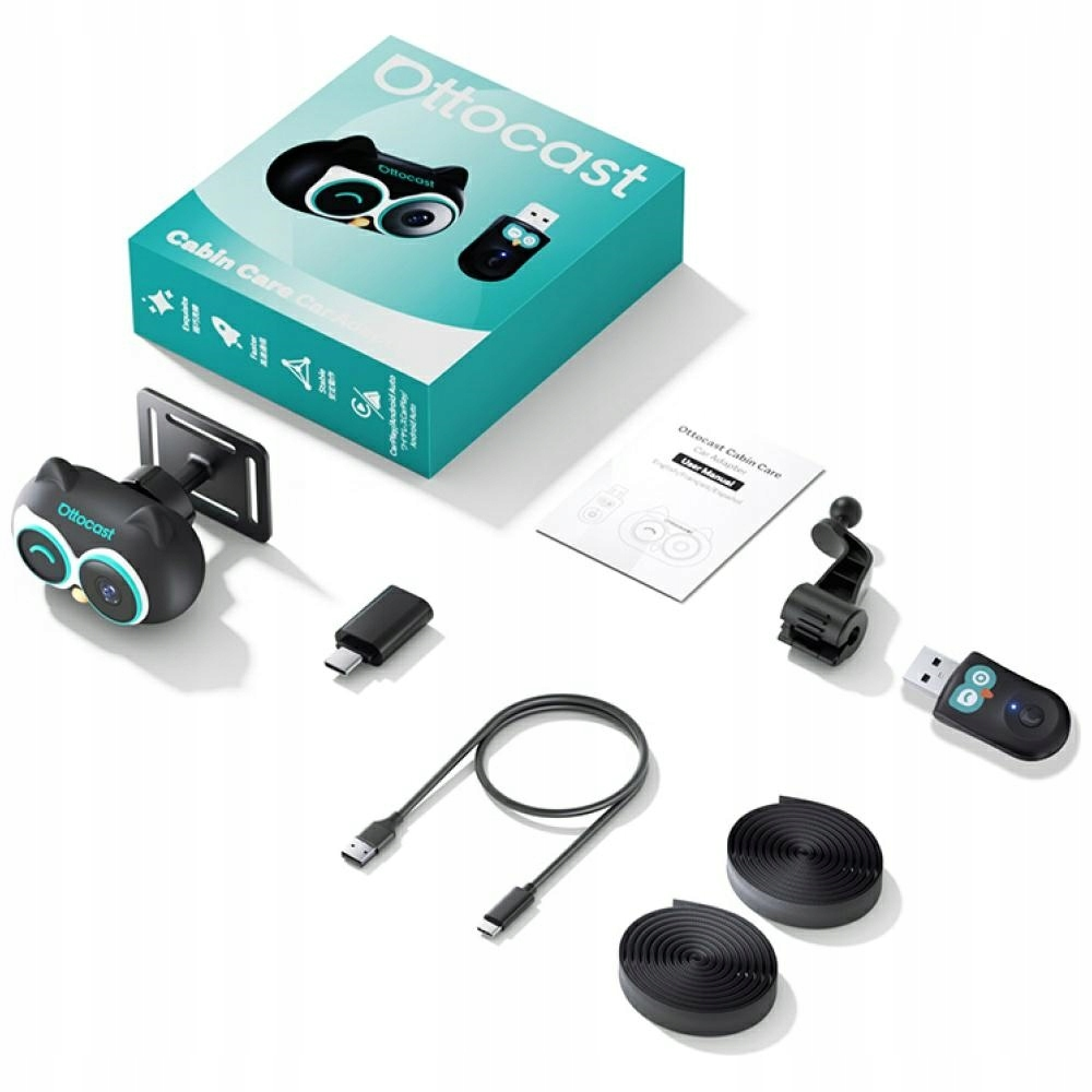 Zestaw do pielęgnacji kabiny Ottocast z kamerą, kablami, uchwytem i kluczem USB.