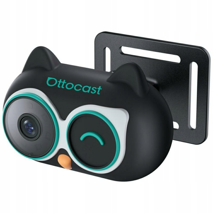 Czarna kamera w kształcie sowy z turkusowymi akcentami i białym panelem przednim.