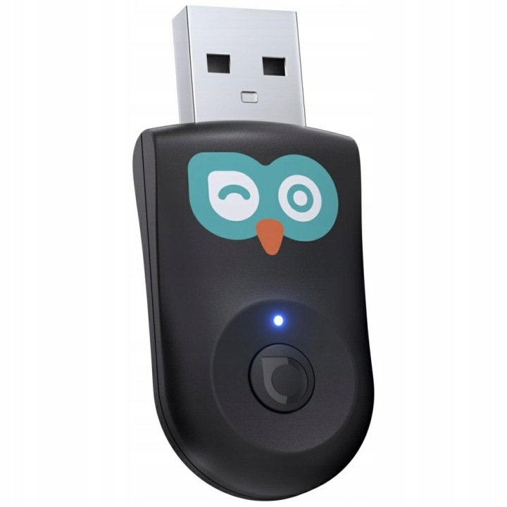 Czarny adapter USB ze stylizowaną twarzą sowy i małym niebieskim światełkiem.