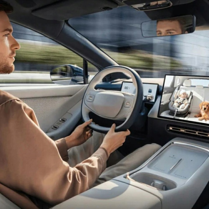 Mężczyzna jedzie samochodem, na ekranie widać dziecko i psa.