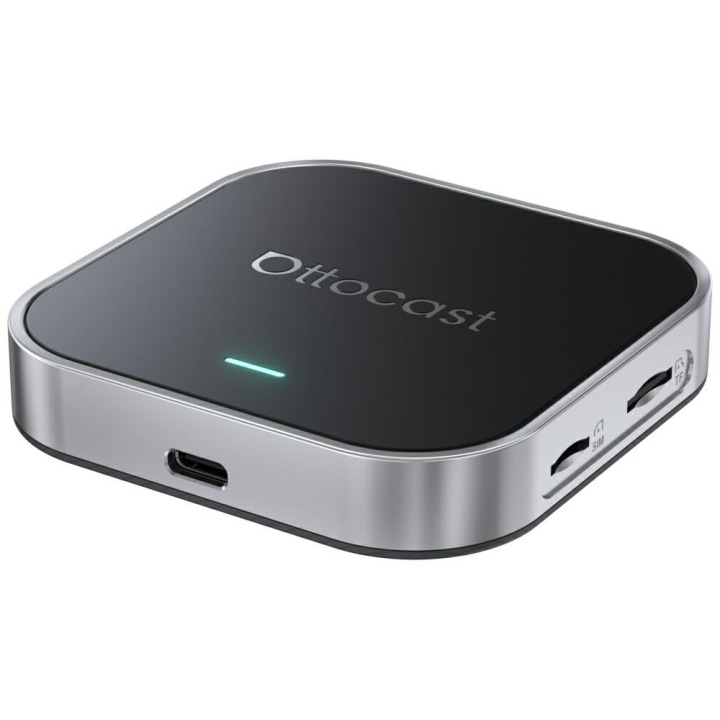 Czarny Ottocast z srebrną krawędzią, portem USB-C i gniazdami na karty SIM/TF.