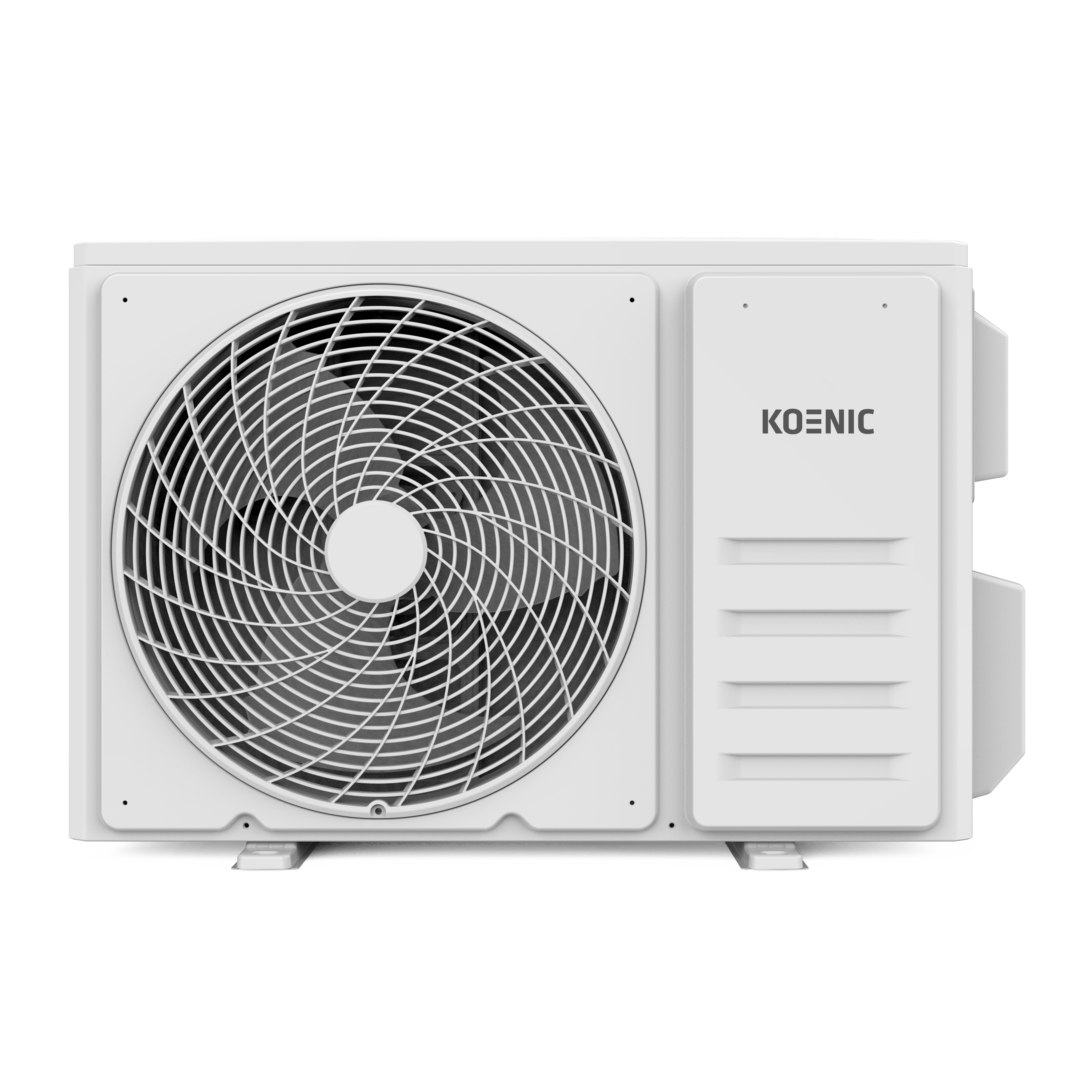 Unidad exterior blanca de aire acondicionado con rejilla de ventilador grande.