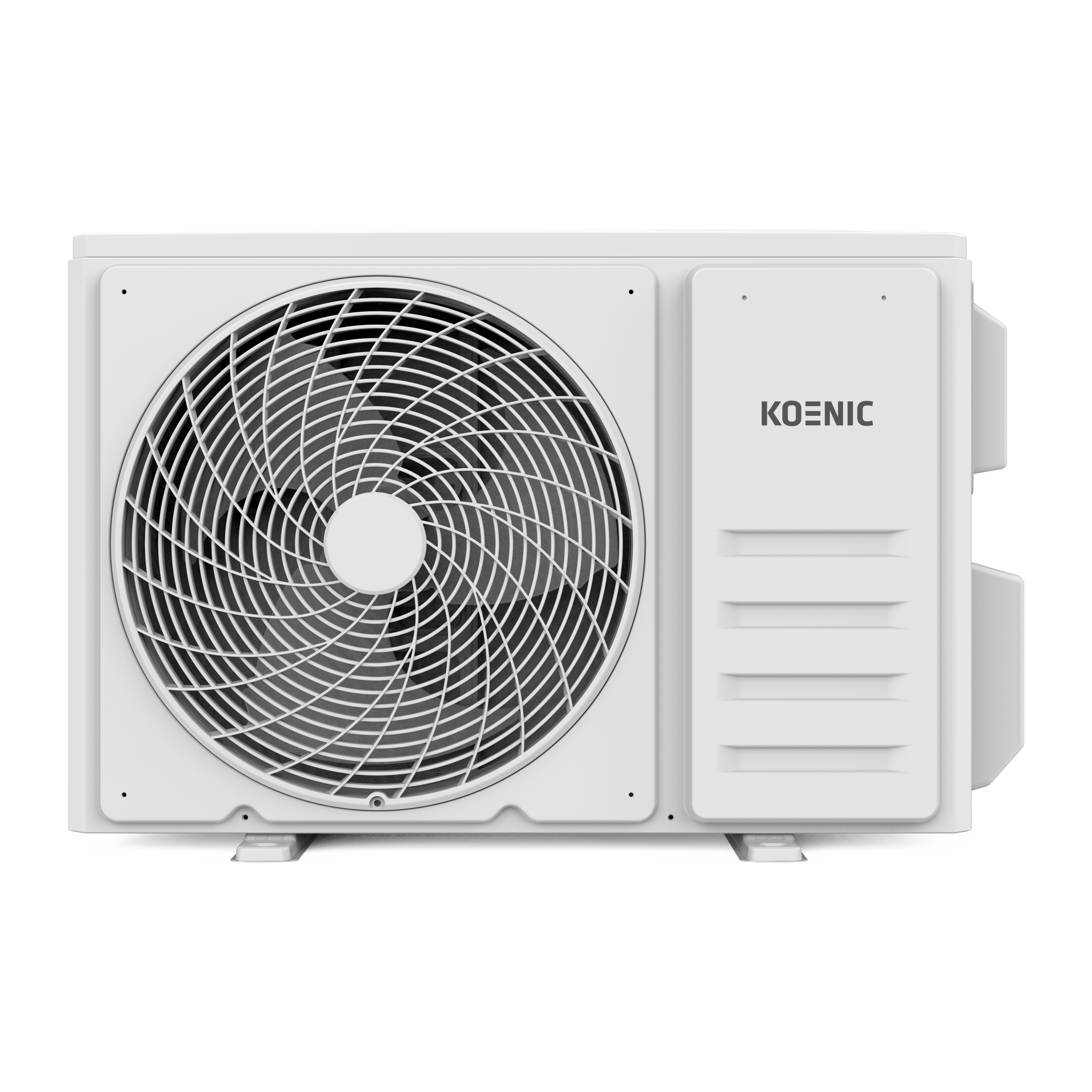 Una unidad exterior de aire acondicionado blanca con una gran rejilla de ventilador y el logo KOENIC.