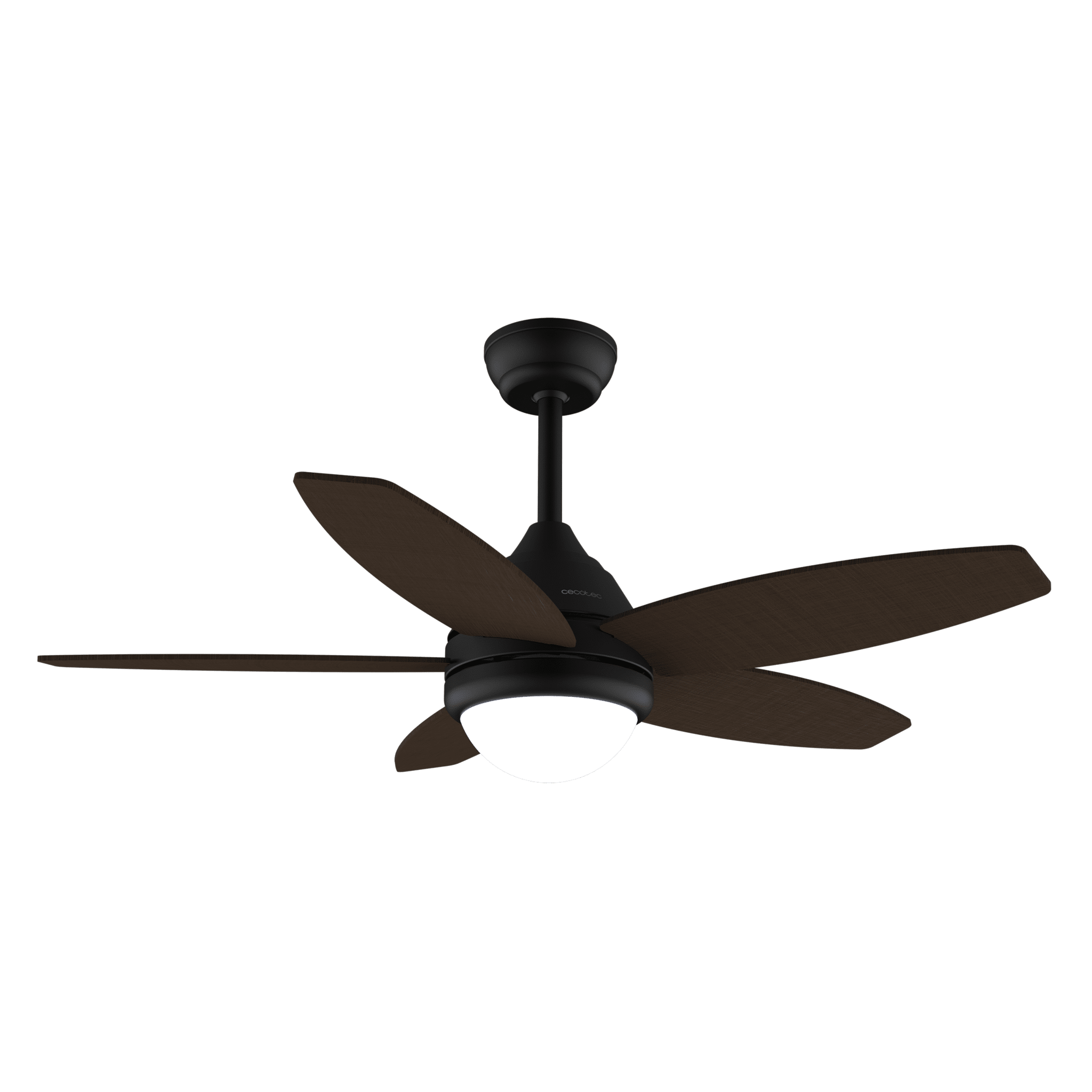 Ventilador de techo negro con aspas de madera marrón y luz.