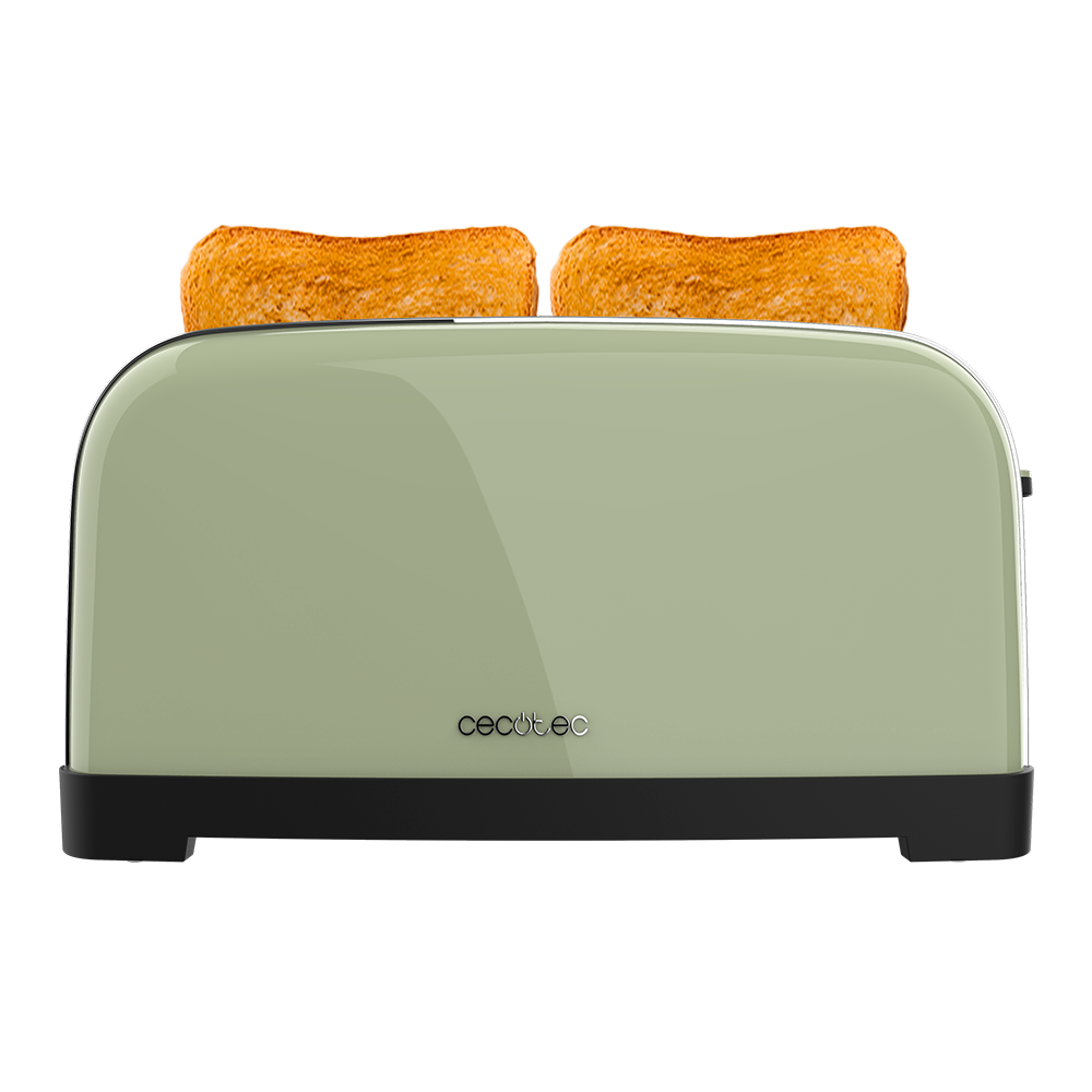 Una tostadora verde claro con dos rebanadas de pan dorado saliendo por arriba.