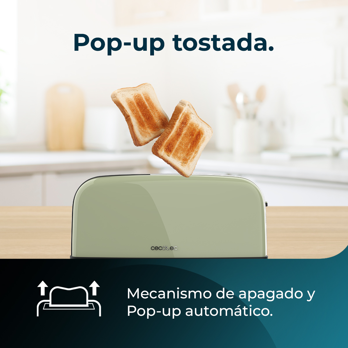 Una tostadora verde con dos rebanadas de pan tostadas saltando.