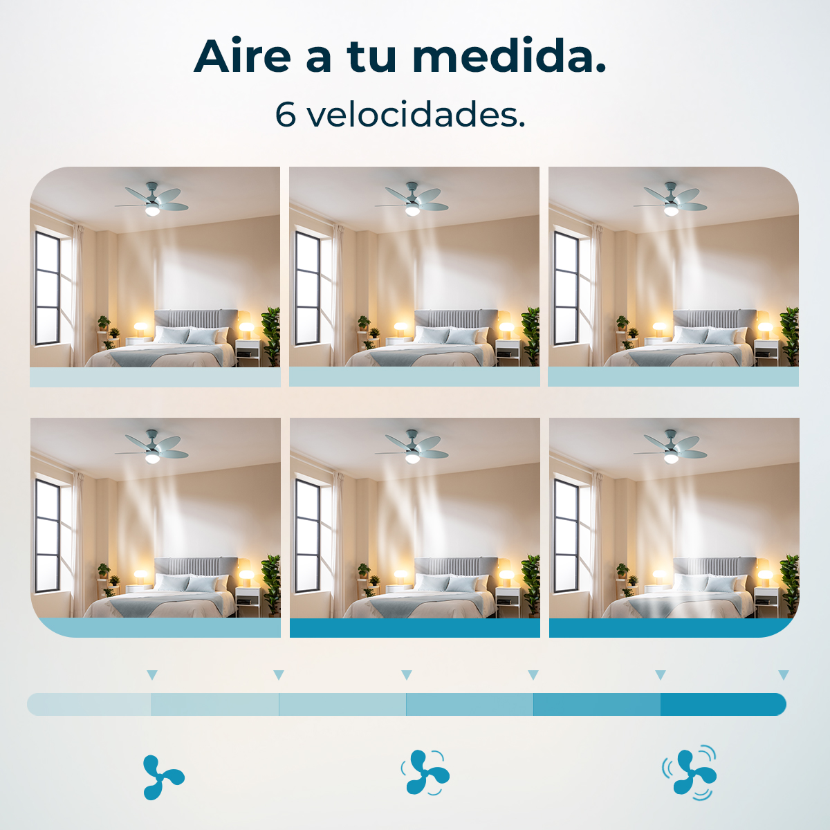 Seis ventiladores de techo en dormitorios que muestran seis velocidades.