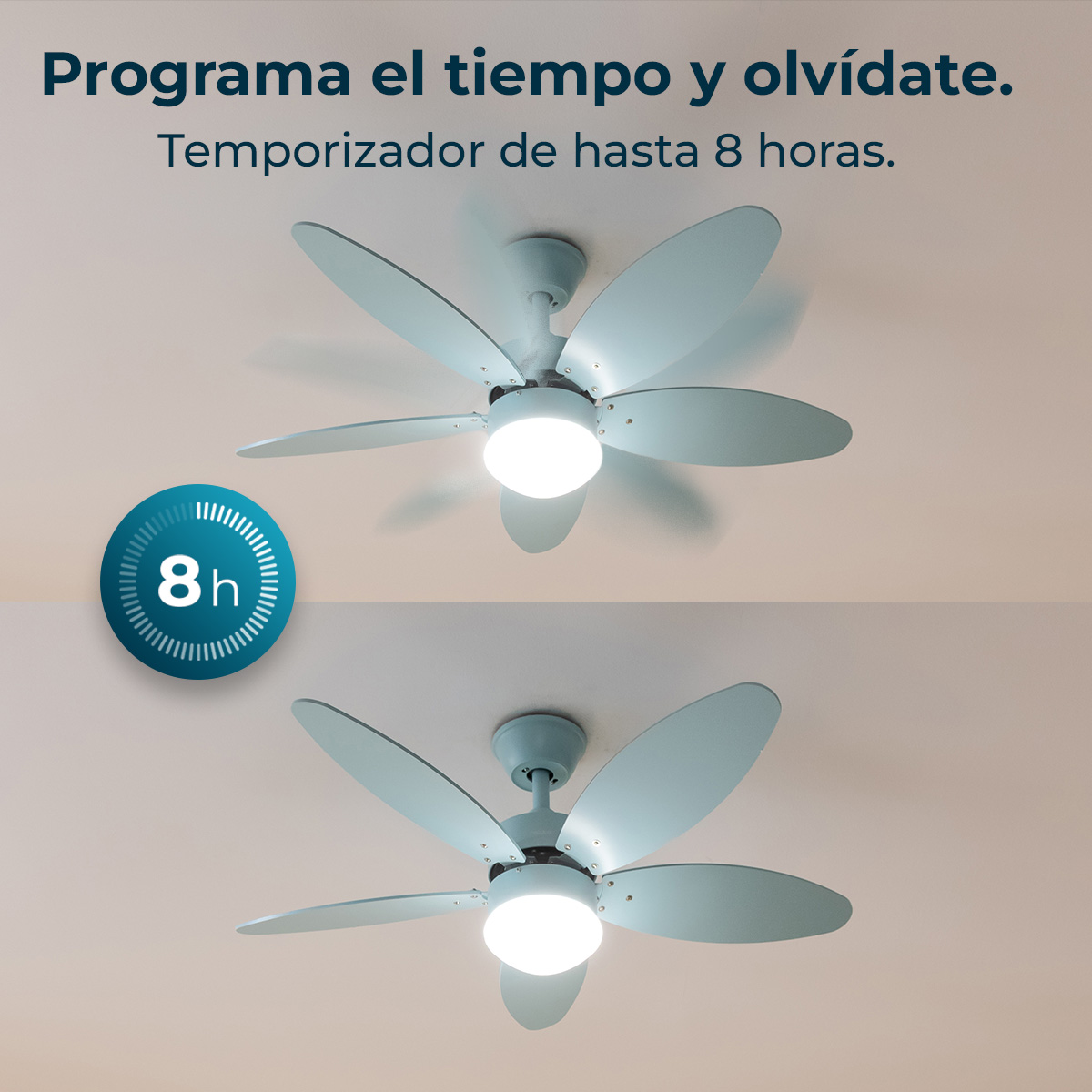 Dos ventiladores de techo con luces y un icono de temporizador de 8 horas.