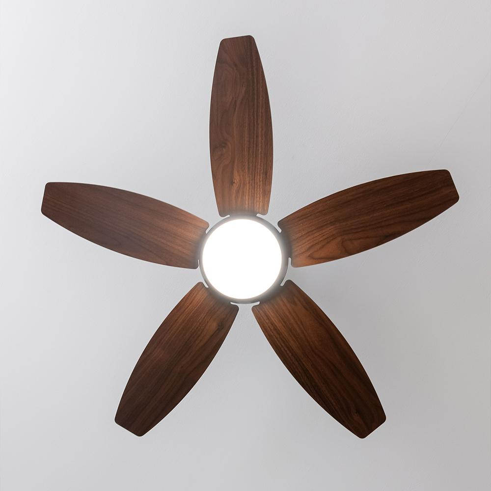 Un ventilador de techo con cinco aspas de madera y una luz central.