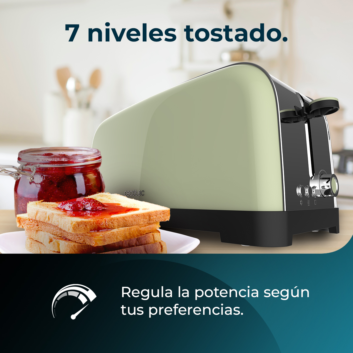 Una tostadora verde claro con tostadas y mermelada al lado.