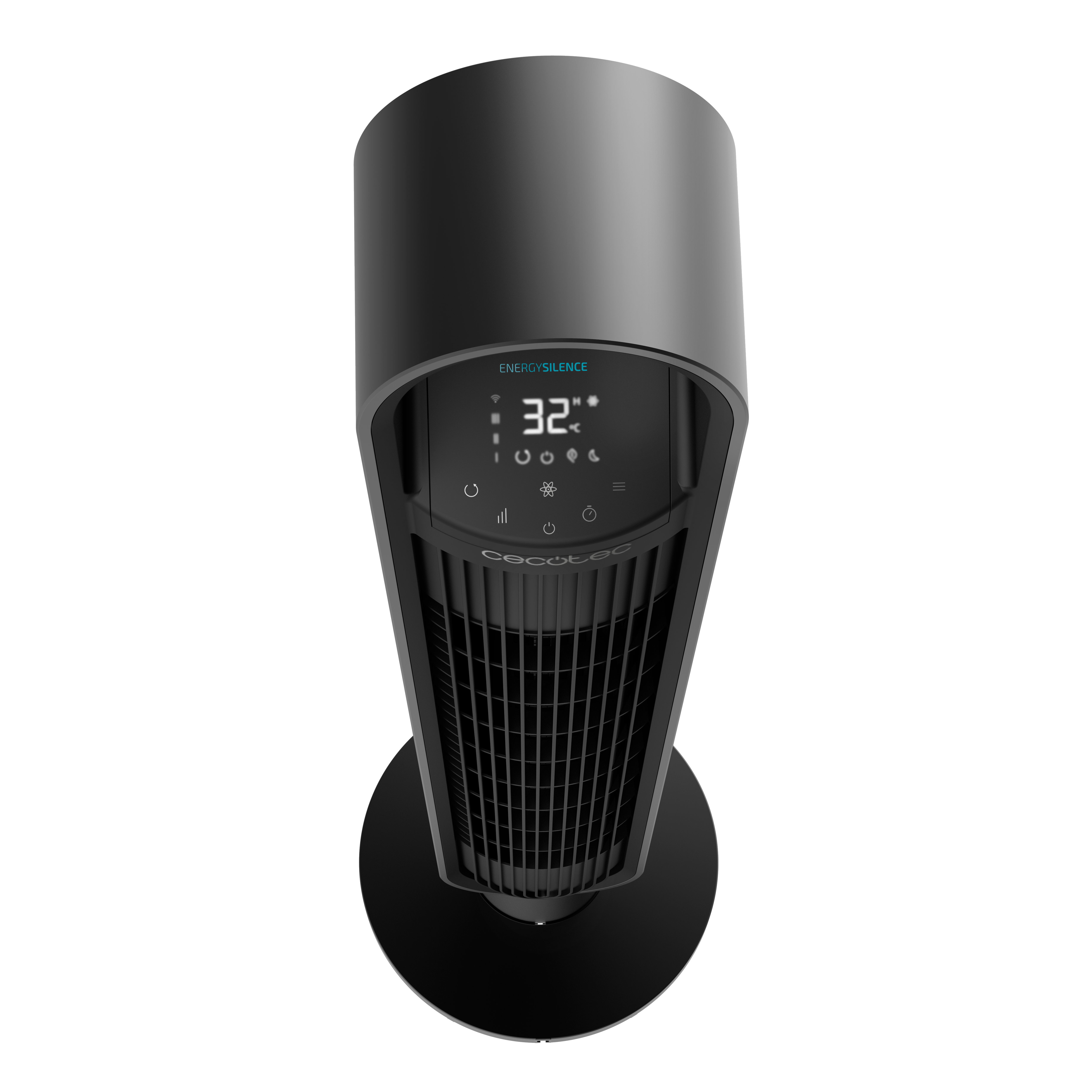 Un ventilador de torre negro con pantalla digital y botones de control.
