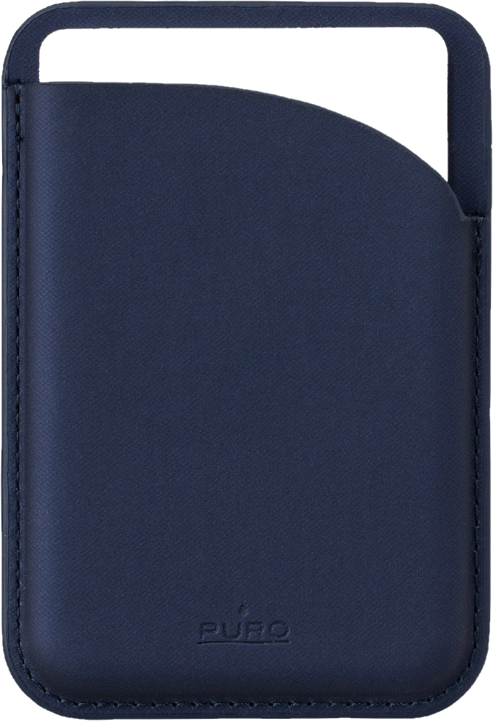 Dunkelblaue Handyhülle aus Leder mit offenem oberen Rand und PURO-Logo.