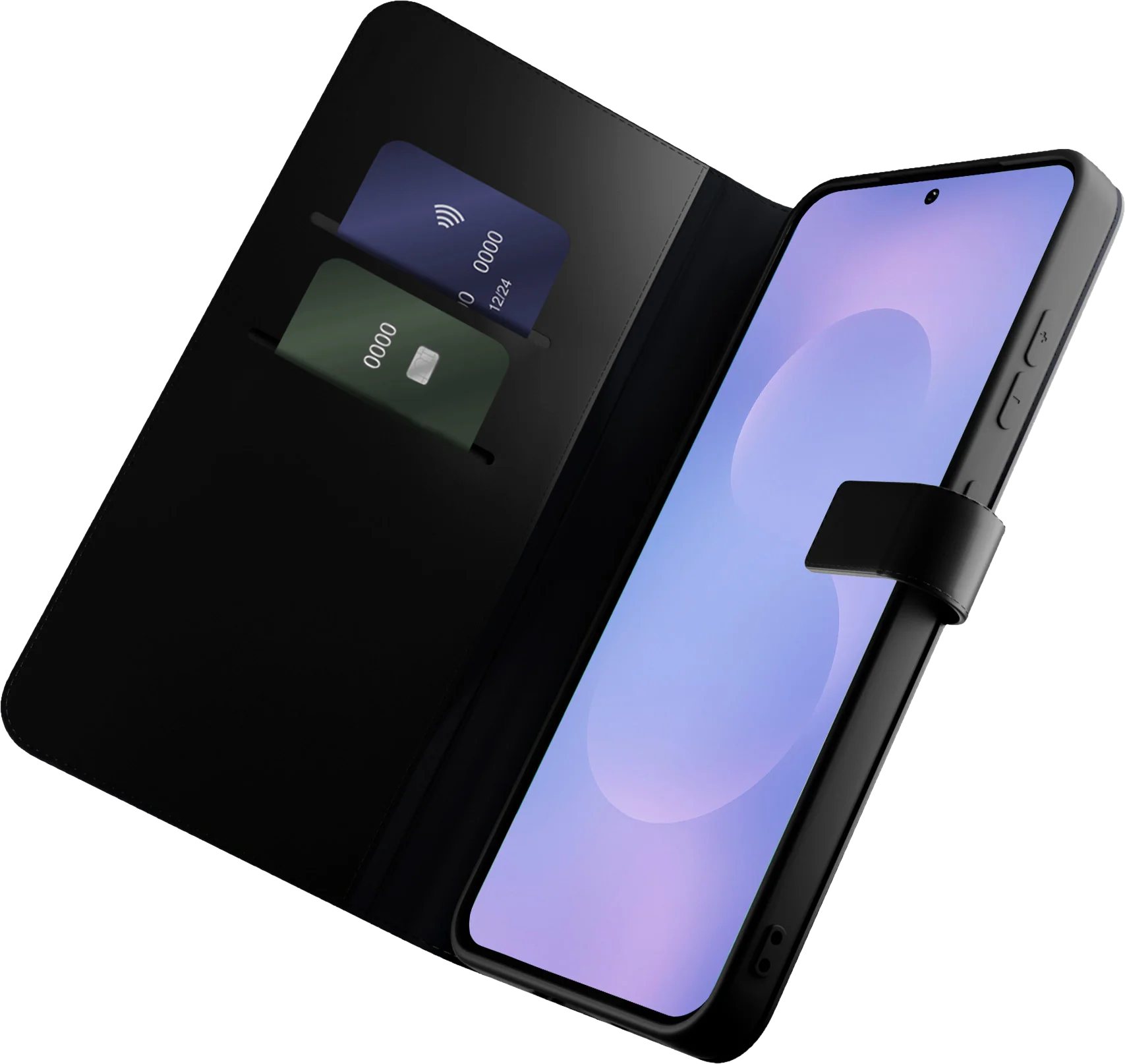 Schwarzes Handy-Flipcase mit Kartenfächern und einem Smartphone.
