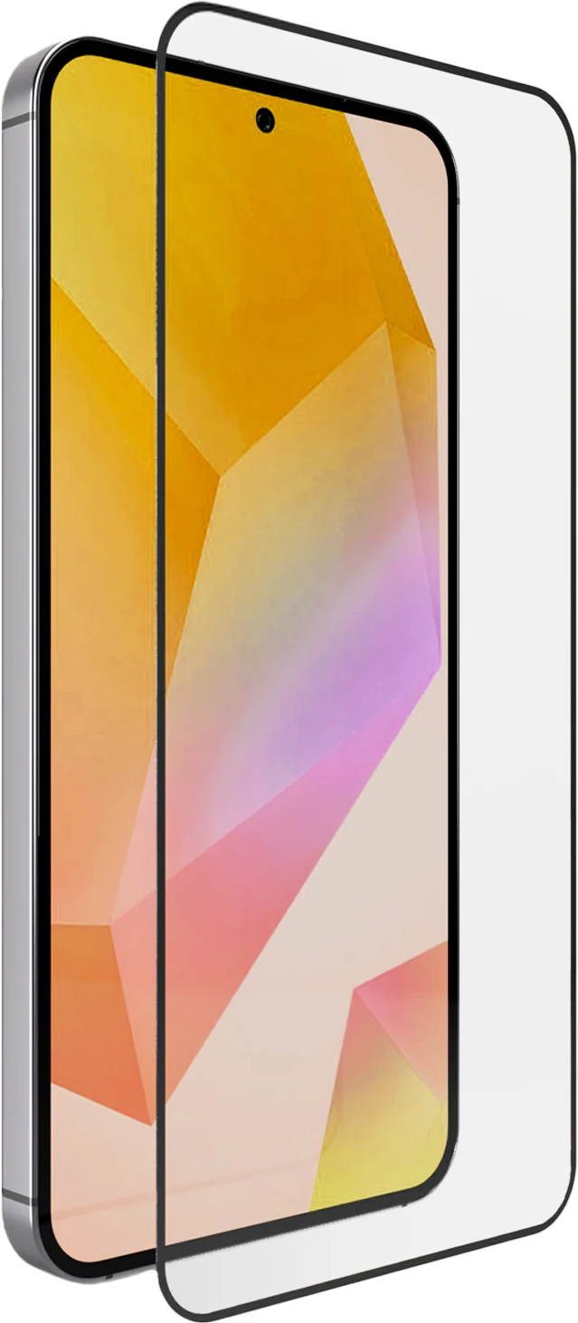 Ein Smartphone-Schutzglas mit einem abstrakten gelb-pinken Hintergrund.
