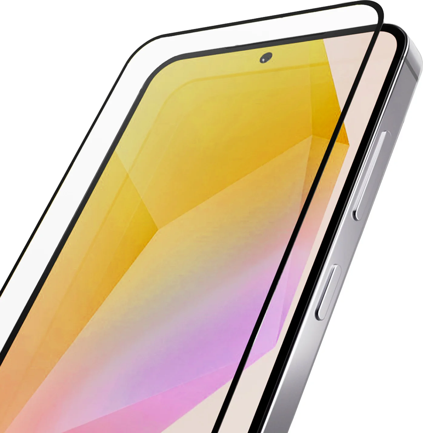 Nahaufnahme eines Smartphones mit Displayschutzfolie. Gelb-lila Farbverlauf.