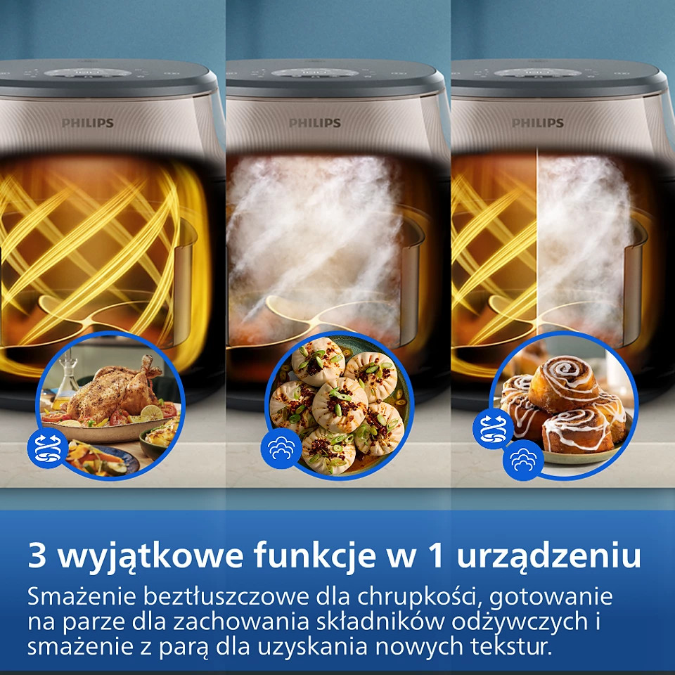 3 funkcje w 1 urządzeniu: Smażenie, gotowanie na parze i smażenie z parą.