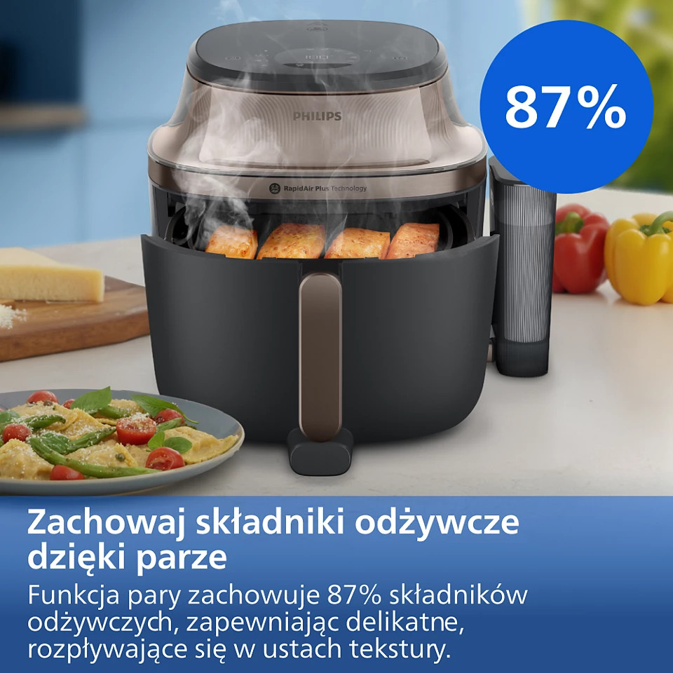 Frytkownica Philips z rybą i makaronem, zachowuje 87% składników odżywczych parą.