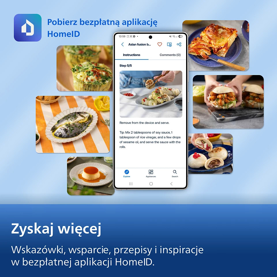 Przewodnik po aplikacji ze zdjęciami jedzenia: lasagne, ryby, burgery, bułki.