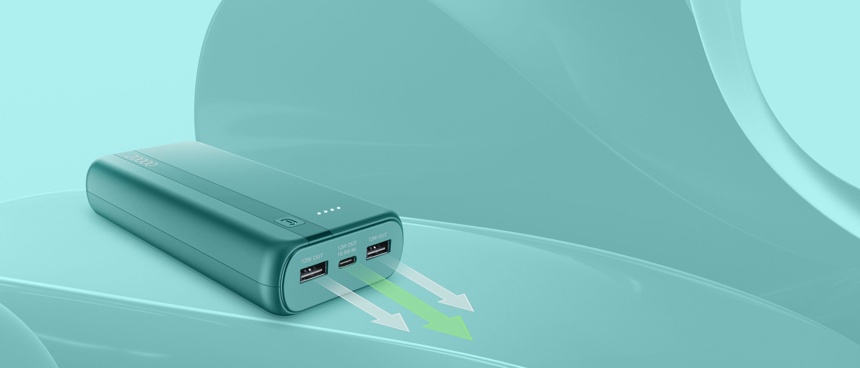Un banco de energía color verde azulado con dos puertos USB-A y un USB-C.
