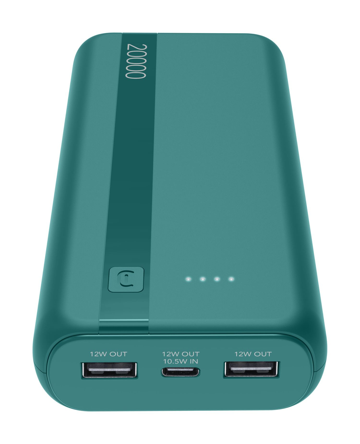 Una batería externa verde azulado de 20000 mAh con puertos USB y luces.