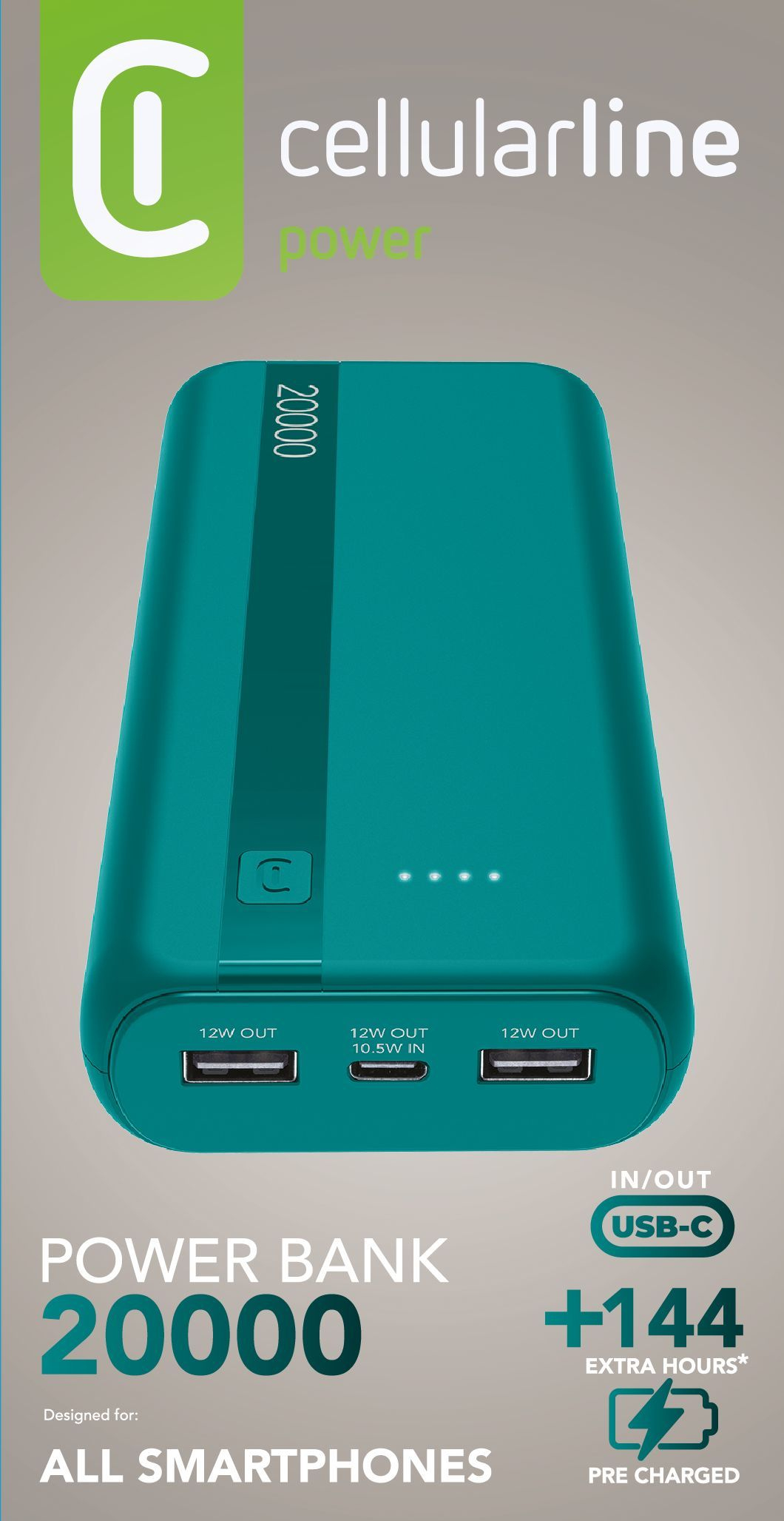 Power Bank Cellularline verde azulado 20000 con tres puertos USB-A.