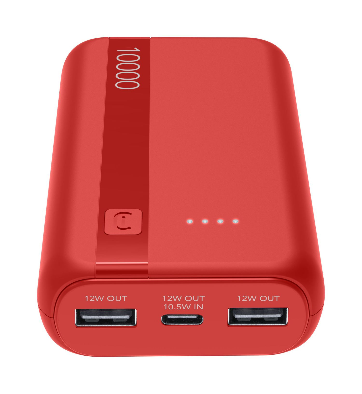 Batería externa roja de 10000 mAh con puertos USB y luces indicadoras.