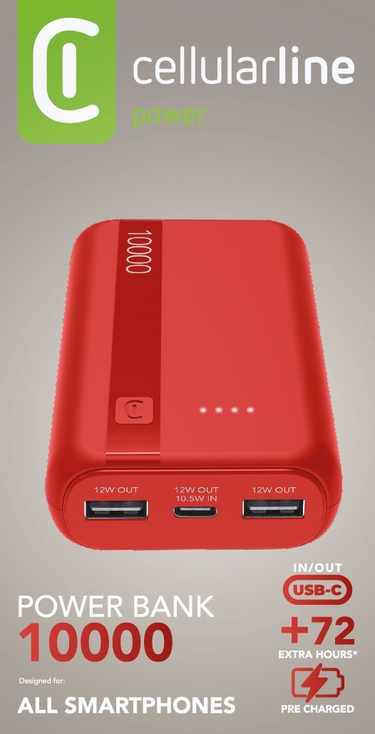 Batería externa roja Cellularline 10000 con tres puertos USB.