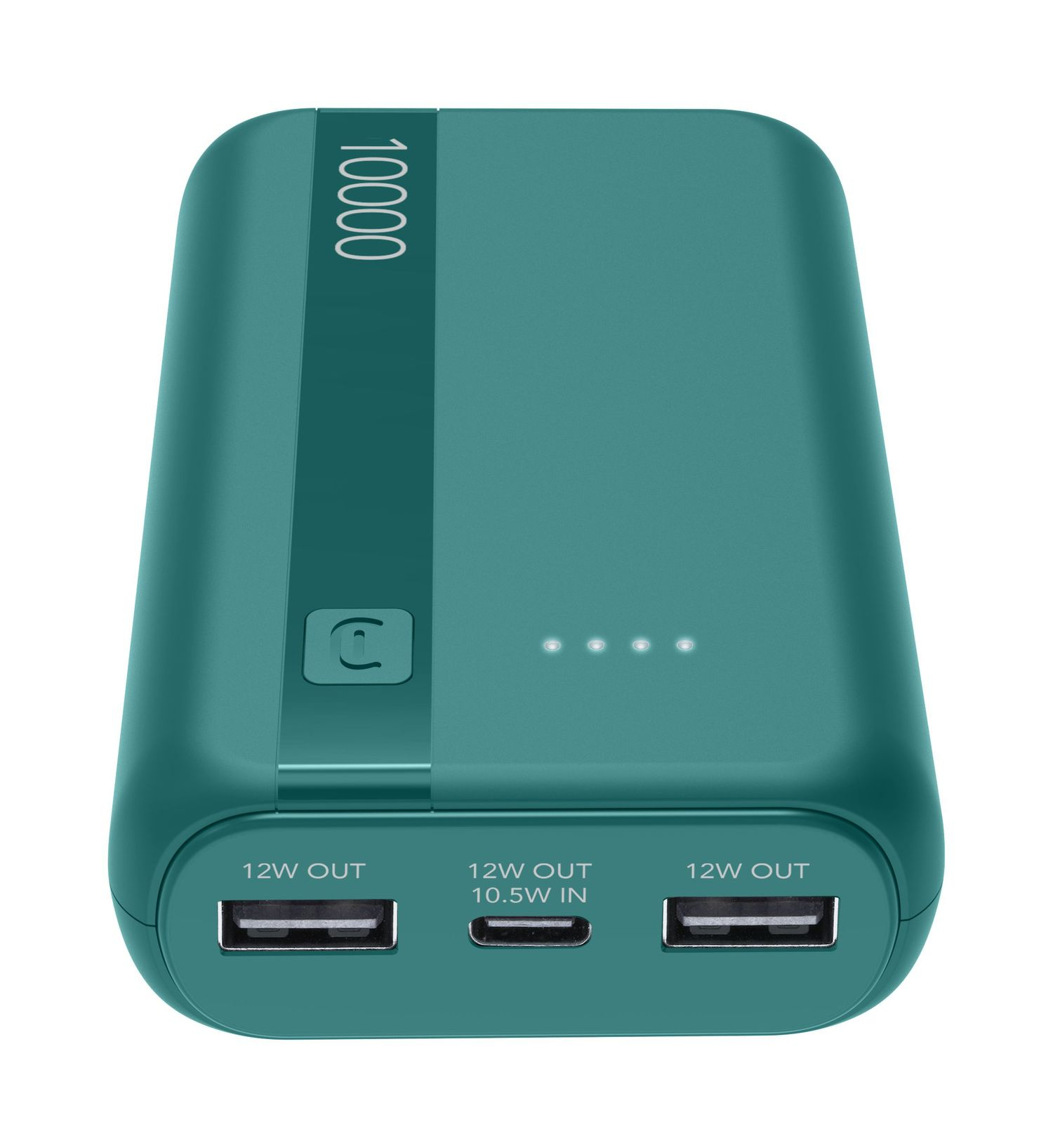 Batería externa azul verdosa de 10000, puertos USB y luces indicadoras.