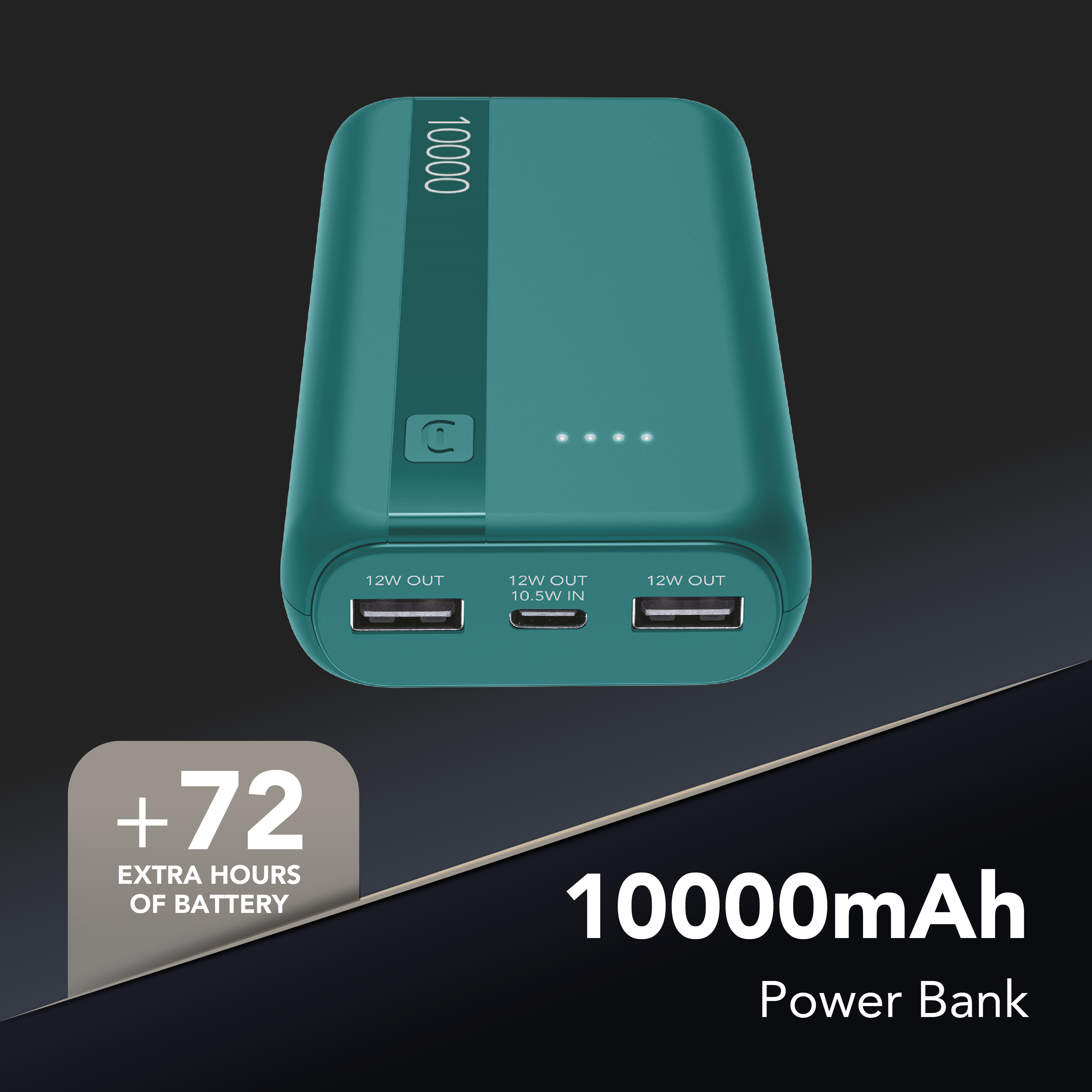Un banco de energía teal de 10000mAh con puertos USB e indicadores.