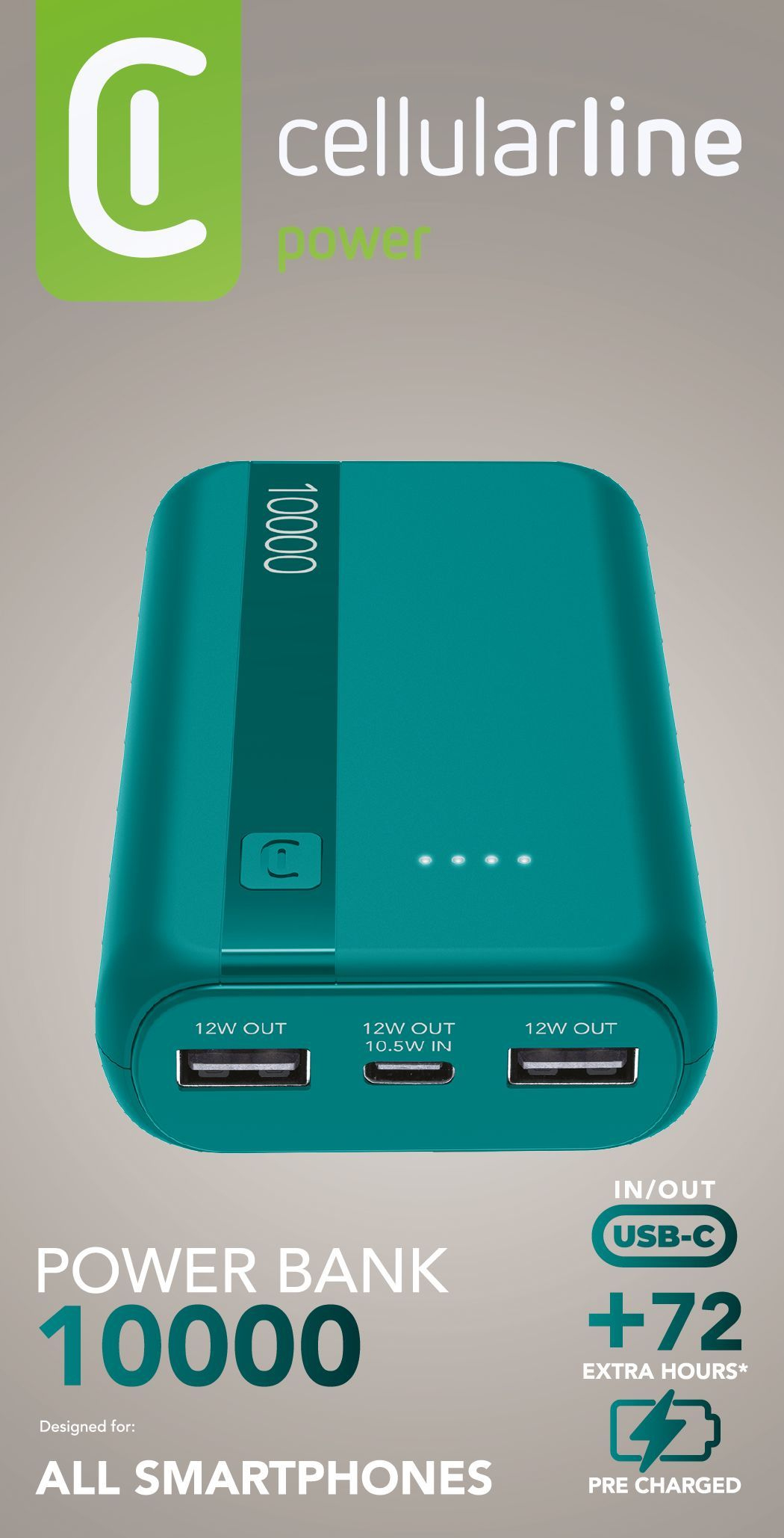 Una power bank turquesa de 10000 mAh con tres puertos USB-A y entrada/salida USB-C.