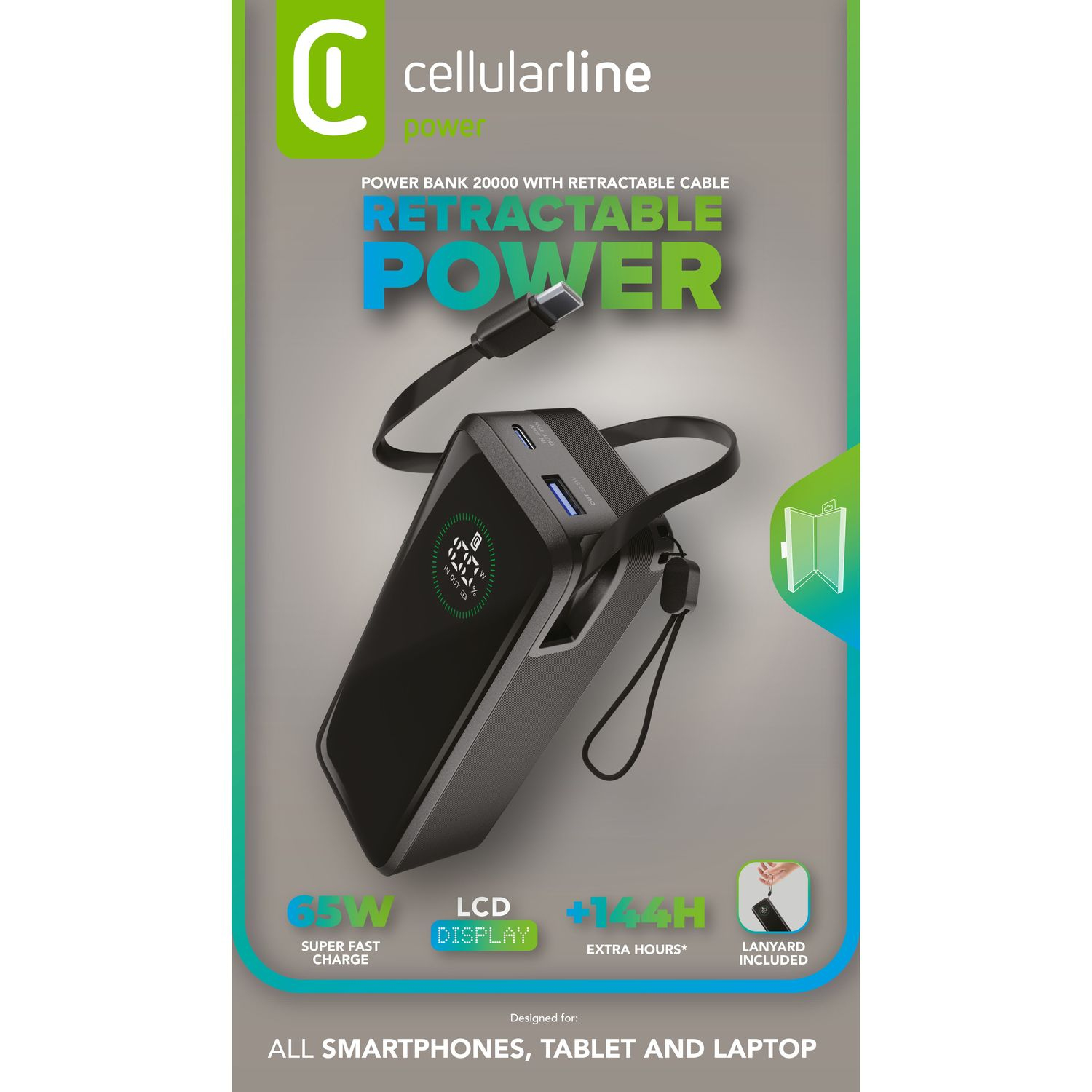 Embalaje powerbank CellularLine Retractil 20000 mAh, carga súper rápida 65 W, pantalla LCD, 144 horas de carga, agarre incluido.