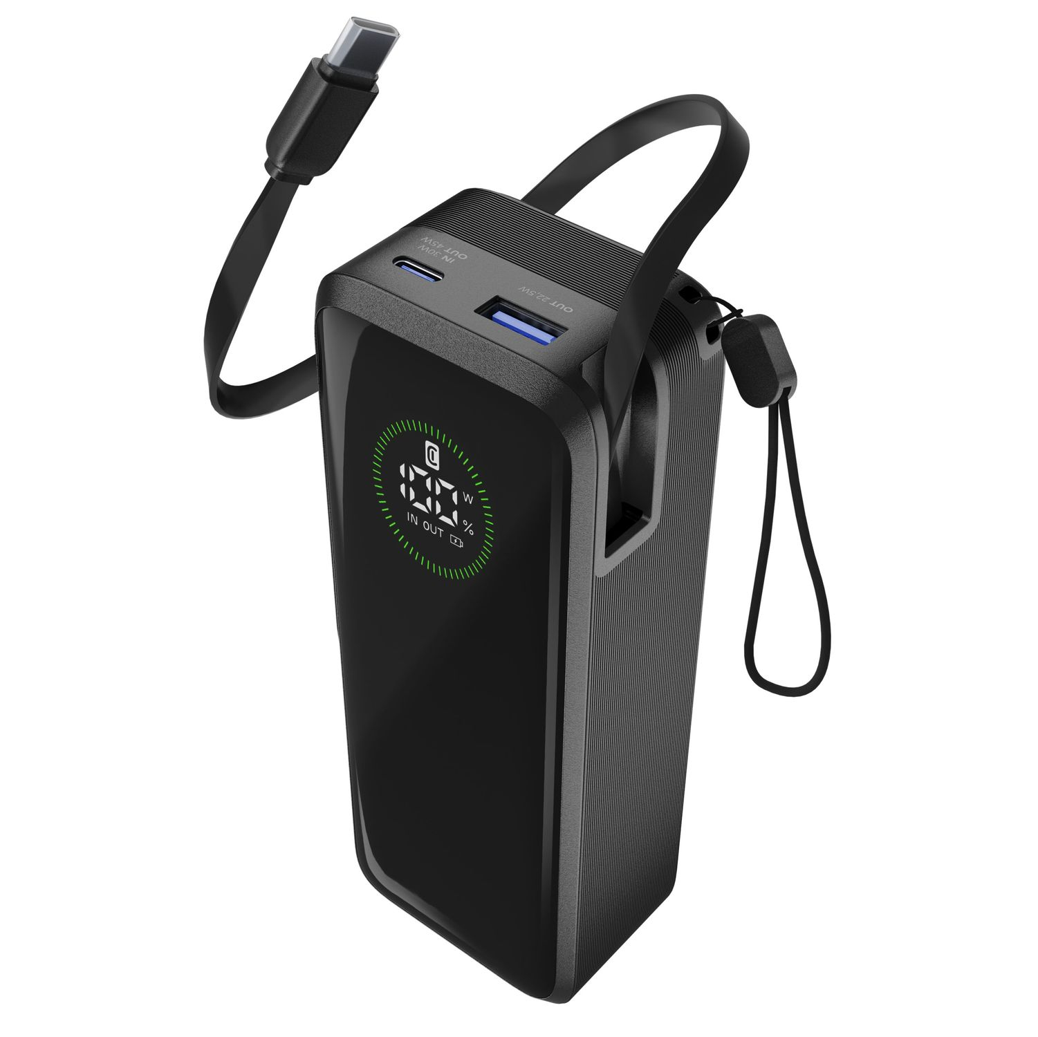 Una batería externa negra con cable USB-C y correa. Pantalla digital muestra '00'.