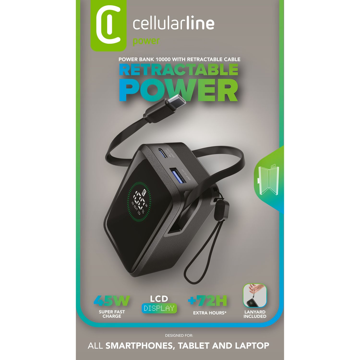 Embalaje powerbank CellularLine Retractil 10000 mAh negro, carga súper rápida 45 W, pantalla LCD, 72 horas de carga, agarre incluido.