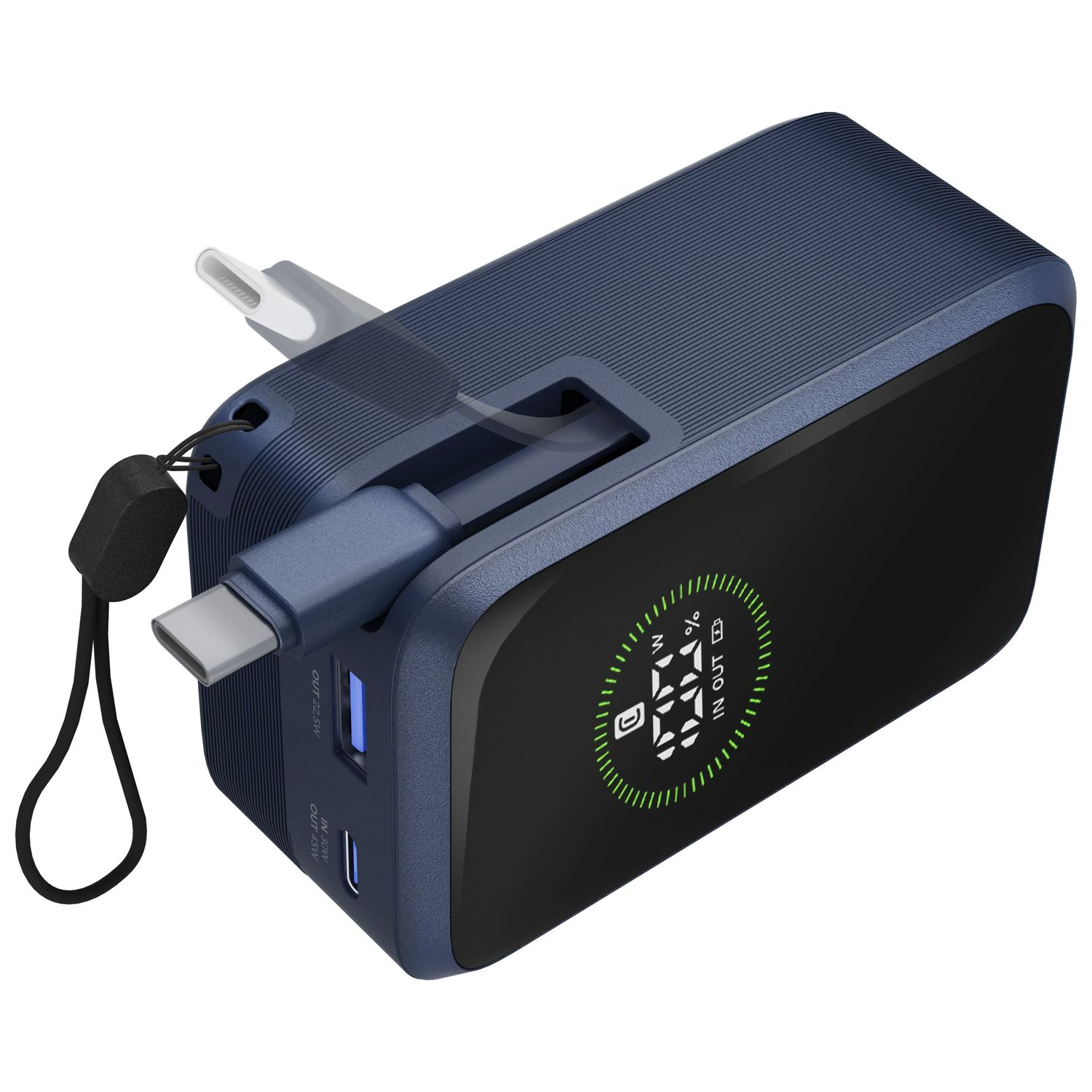 Batería externa azul oscuro con puerto USB-C, cordón y pantalla digital.