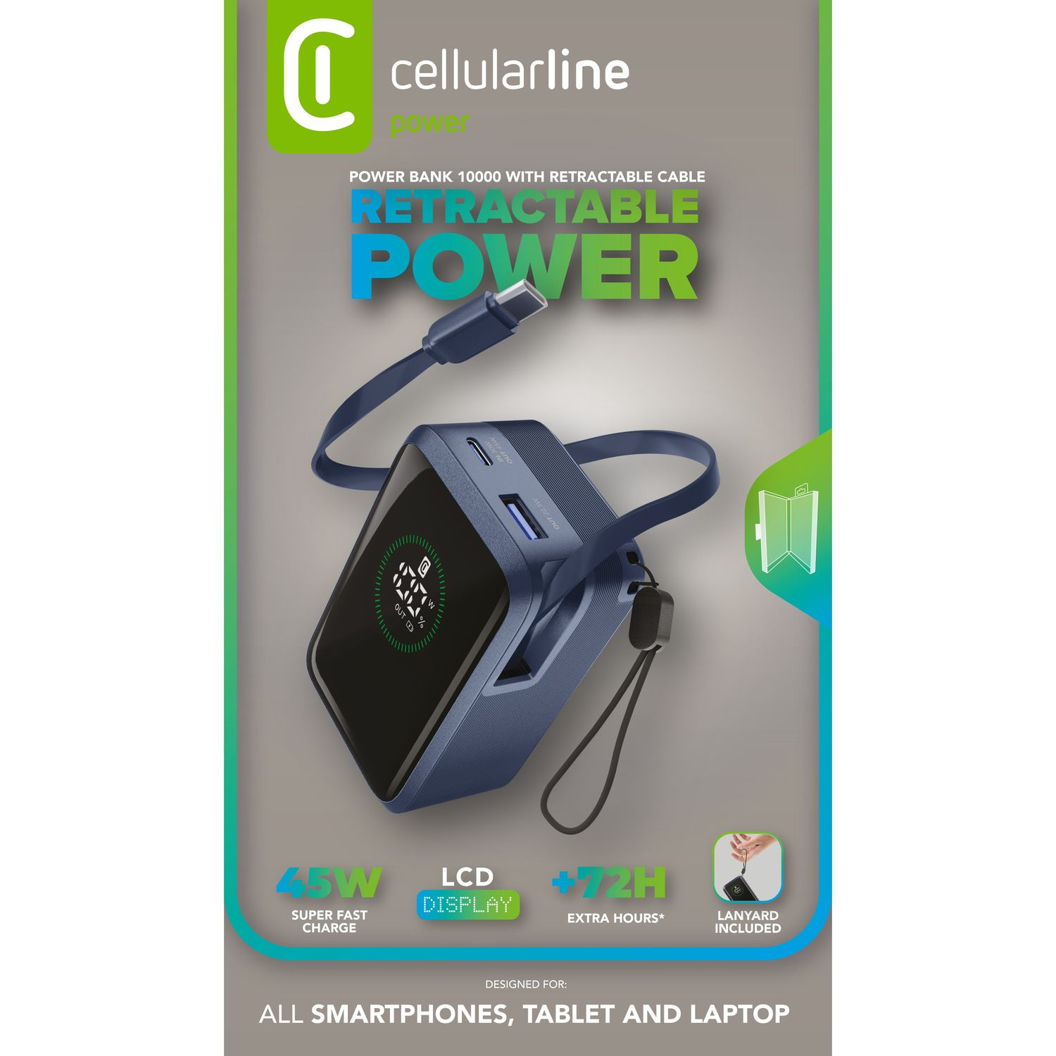 Batería externa azul con cable retráctil, pantalla LCD, 45W, 72h extra. Para smartphones, tablets, portátiles.