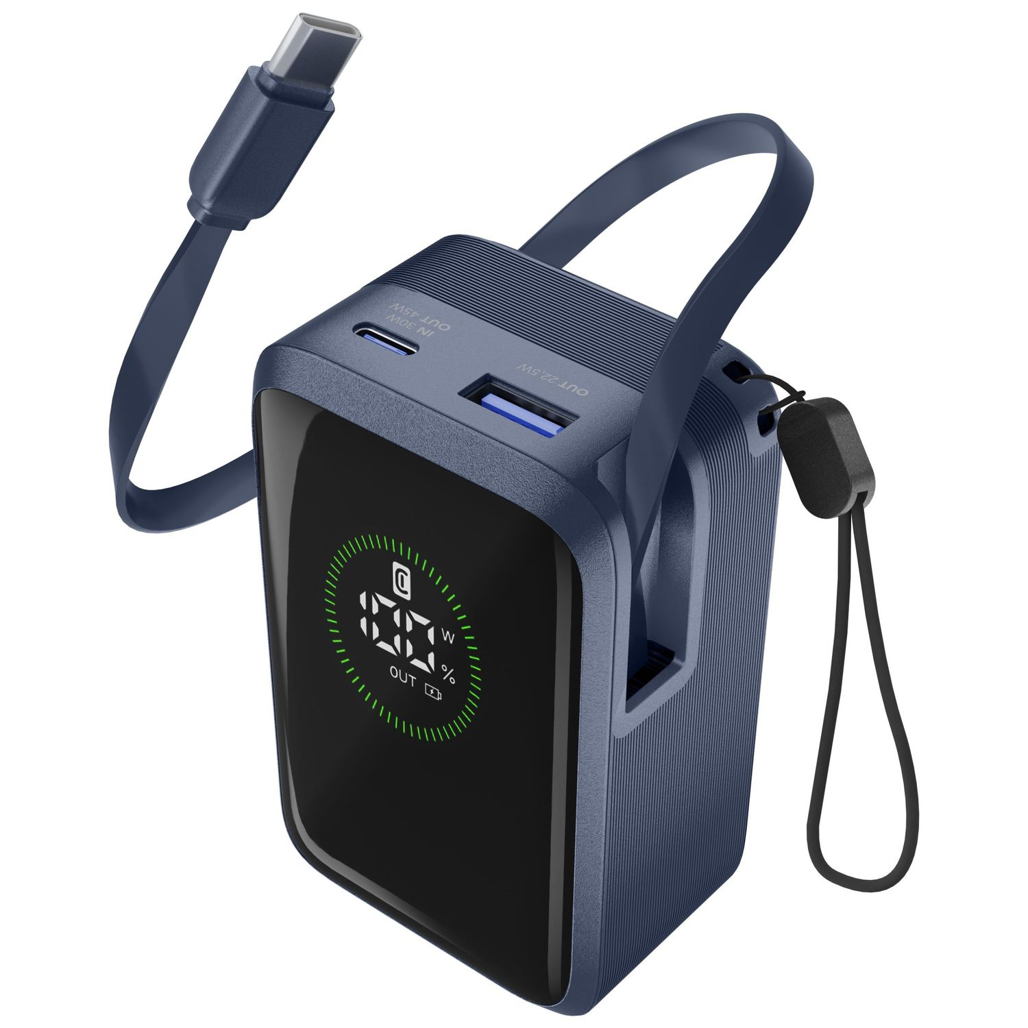 Batería externa azul oscuro con pantalla digital y cable USB-C.