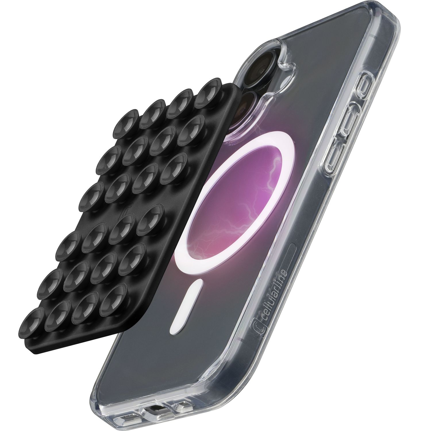 Una funda transparente para teléfono con un accesorio de ventosa en un teléfono.