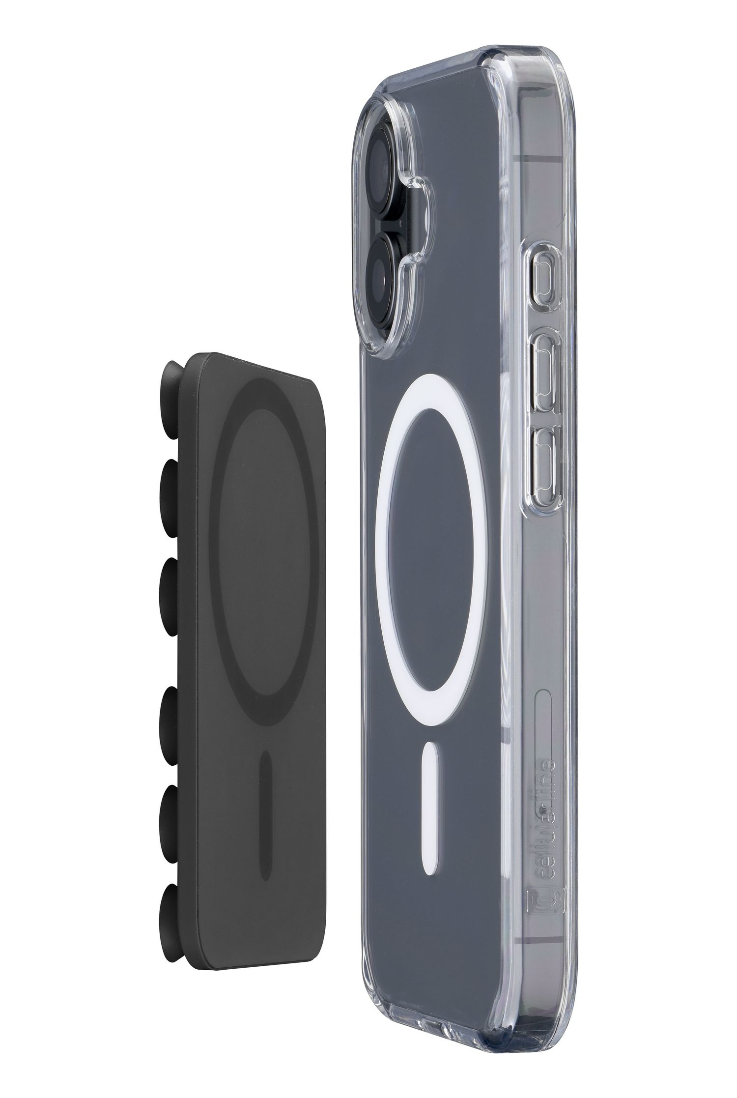 Una funda de teléfono transparente junto a un cargador magnético negro con ventosas.