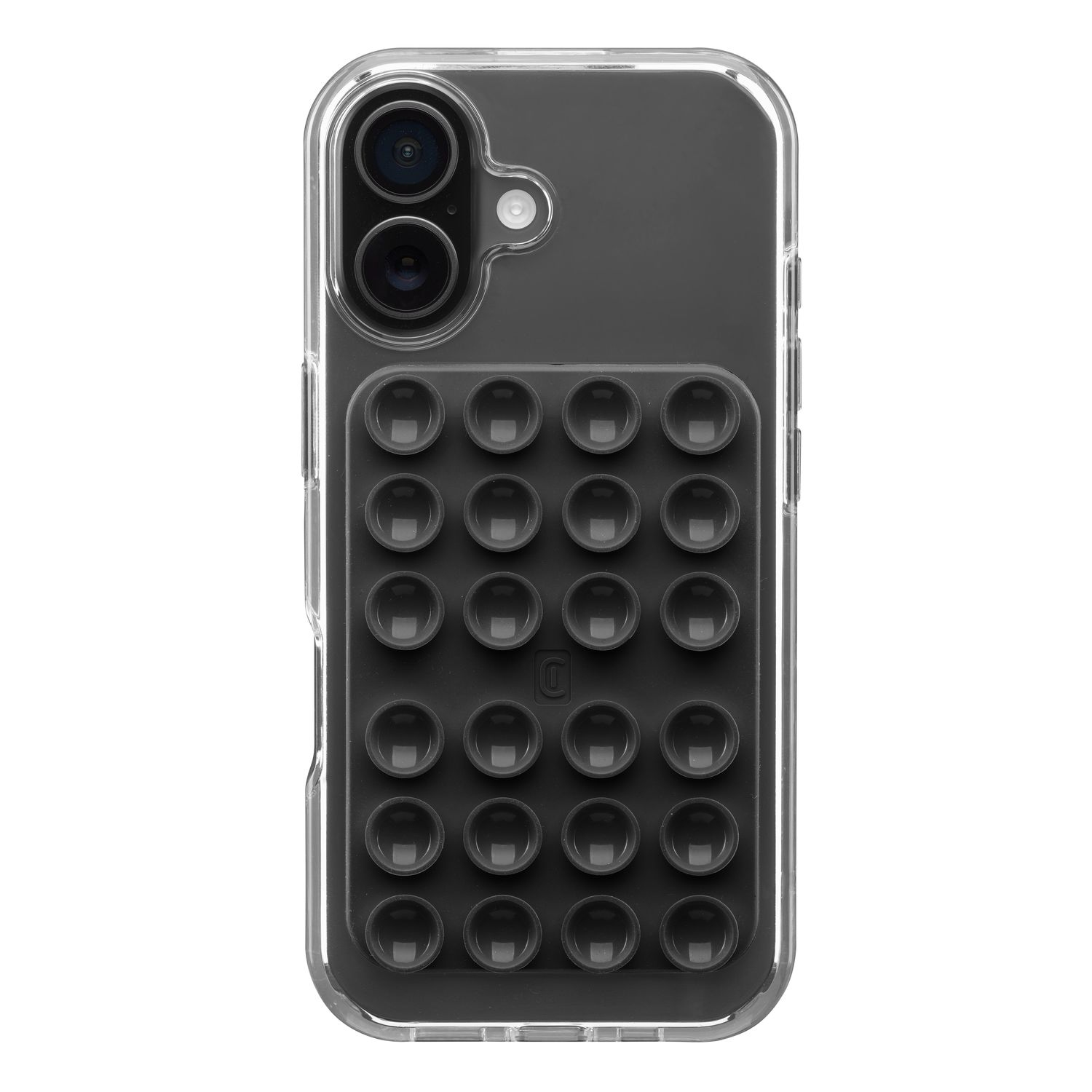Un smartphone negro en funda transparente con 24 ventosas en la parte trasera.