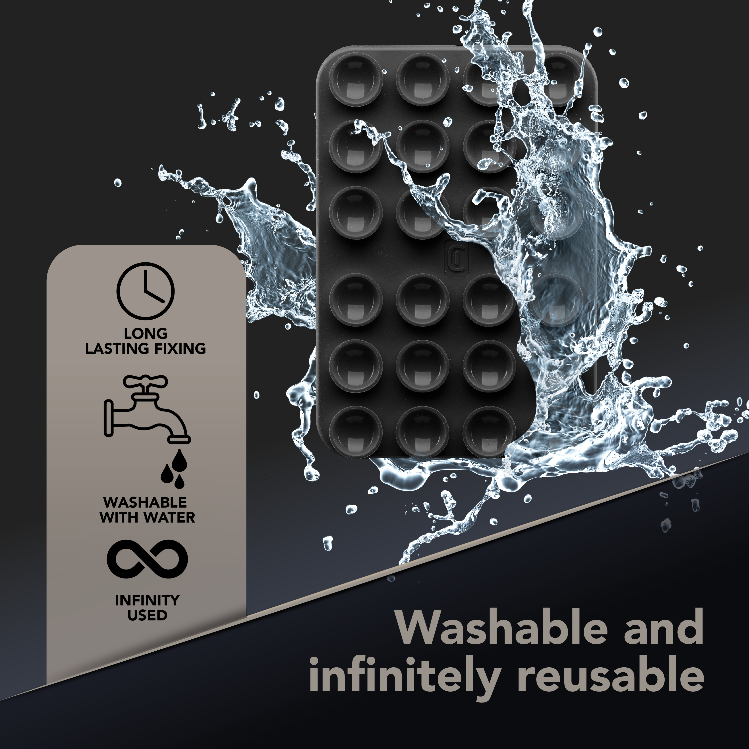 Placa con ventosas bajo chorros de agua, iconos “Long lasting fixing”, “Washable with water”, “Infinity used” y texto “Washable and infinitely reusable”.